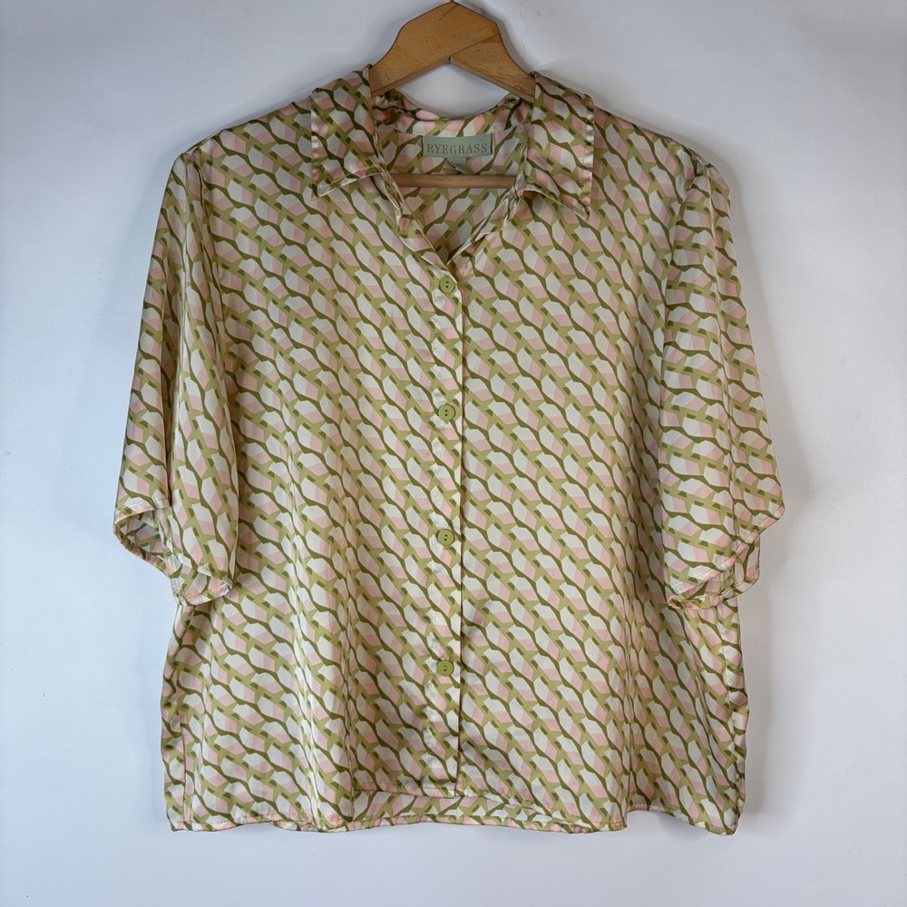 Ryegrass Button Down Shirt Womens XXL Green Pink Geometric Short Sleeve Relaxed